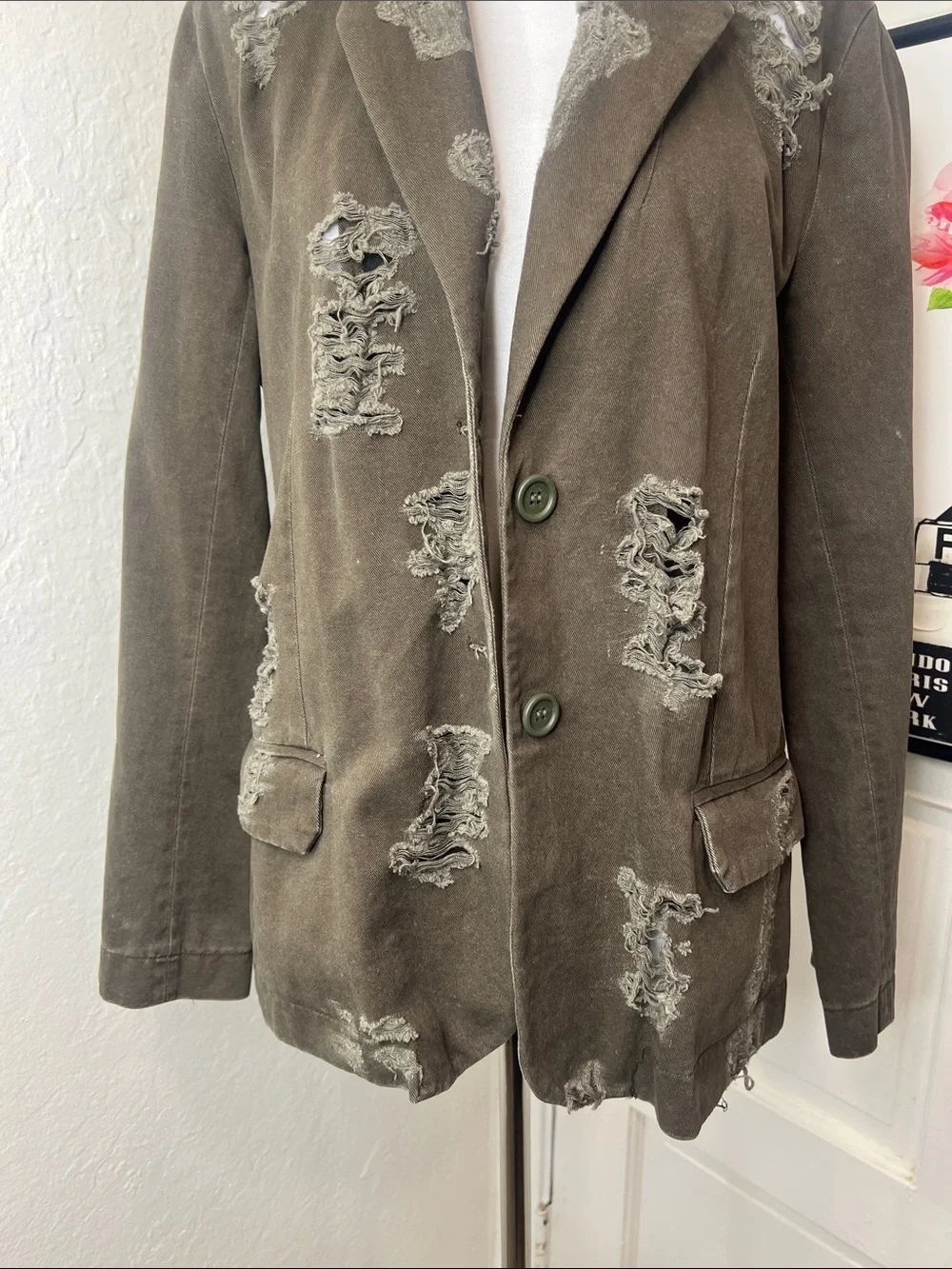 NWT Carmar Olive Green Distressed Blazer Jacket Size S
